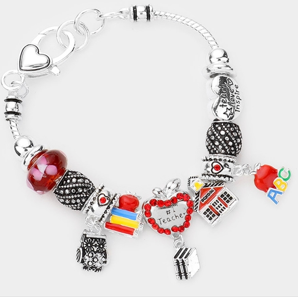 No. 1 Teacher Charm Bracelet Apple Owl Books ABCs Schoolhouse Metal Beaded Gift - Picture 4 of 4